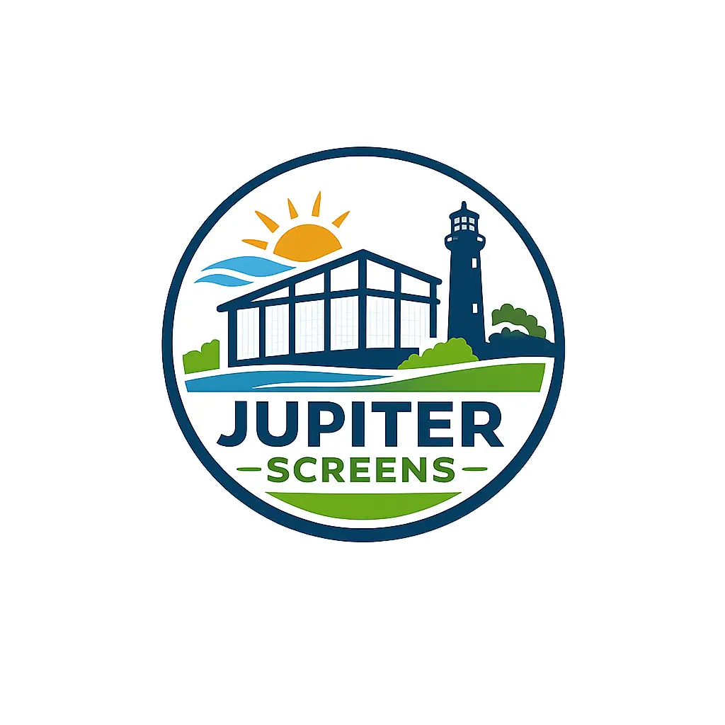 Jupiter Screens logo with screen enclosure and lighthouse in Jupiter, FL